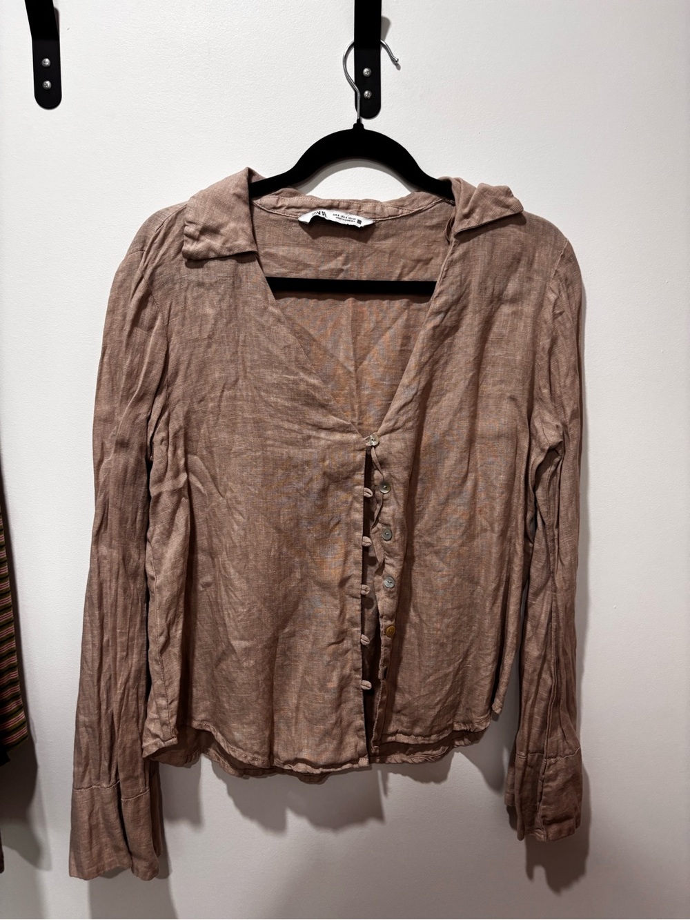Zara Taupe Button-Front Hooded Long-Sleeve Top
